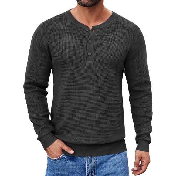 Men's Crewneck Lightweight Sweaters Quarter Button Sweatshirts Long Sleeve Slim - Picture 1 of 7